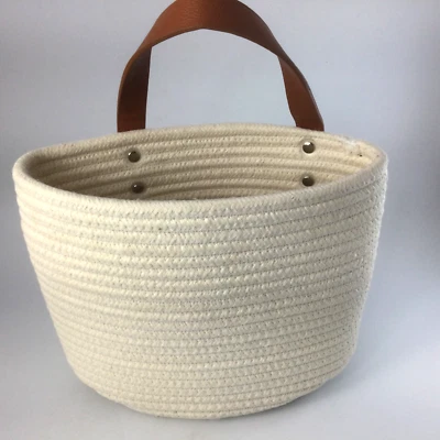Wall Hanging Storage Basket 8" x 9" White Cotton Rope with Leather Handle - Image 1 of 4