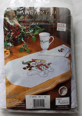 Tobin Dining for Two Snowman Cross Stitch 2 Placemats/Napkins #450/58 OPEN — 第 1/4 张图片