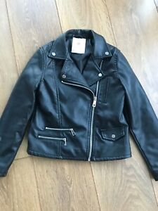 Girls Black Faux Leather Biker Jacket, Age 7/8 Immaculate condition