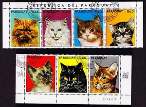 PARAGUAY SCOTT# 2201-2202 USED STRIP 4 2201, 2202 WITH LABEL CATS & KITTENS - Picture 1 of 1