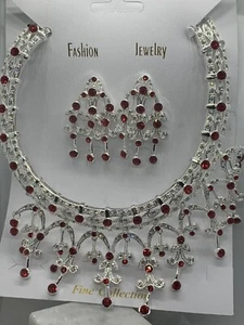 Glitzy New Articulating Necklace & Pierced Earrings Set Red Crystal Rhinestones - Picture 1 of 4