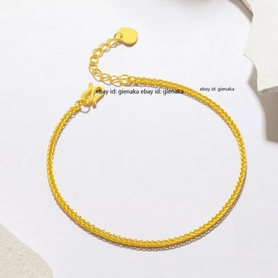 Pure 999 24K Yellow Gold Bracelet Bangle 1mm Wheat Link Chain Women 6.3+0.8"L - Image 1 of 4