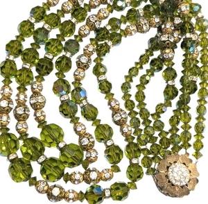 Vintage Multi Strand Faceted Green Crystal Gold Tone Rhinestone Beaded Necklace - Picture 1 of 15