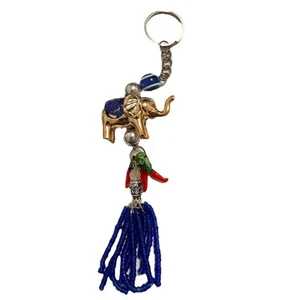 Evil Eye ELEPHANT Bag Charm Keychain For Women NEW! KeyRing Gold Tone Blue Beads - Picture 1 of 5