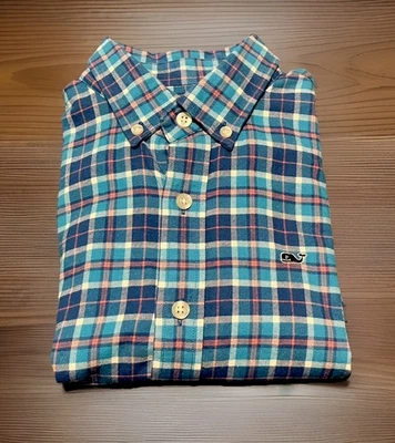 Vineyard Vines  Boys M (12-14) Blue Pink Plaid Flannel Button Down Whale Shirt - Image 1 of 4