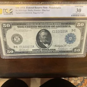 1914 $50 Federal Reserve Note Philadelphia PCGS VF30 Blue Seal Burke, Houston - Picture 1 of 8