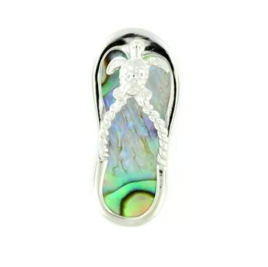 Solid 925 Sterling Silver Natural Abalone Shell Women's Turtle Flip Flop Pendant - Image 1 of 1