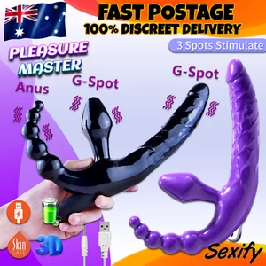 Vibrating Strapless Strap On Anal Beads Vibrator Double Dildo Pegging Sex Toy - Picture 1 of 22