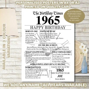 1965 Back in Birthday personalisierte UK Fakten Zeitung GESCHENK Erinnerung Poster 071 - Bild 1 von 9