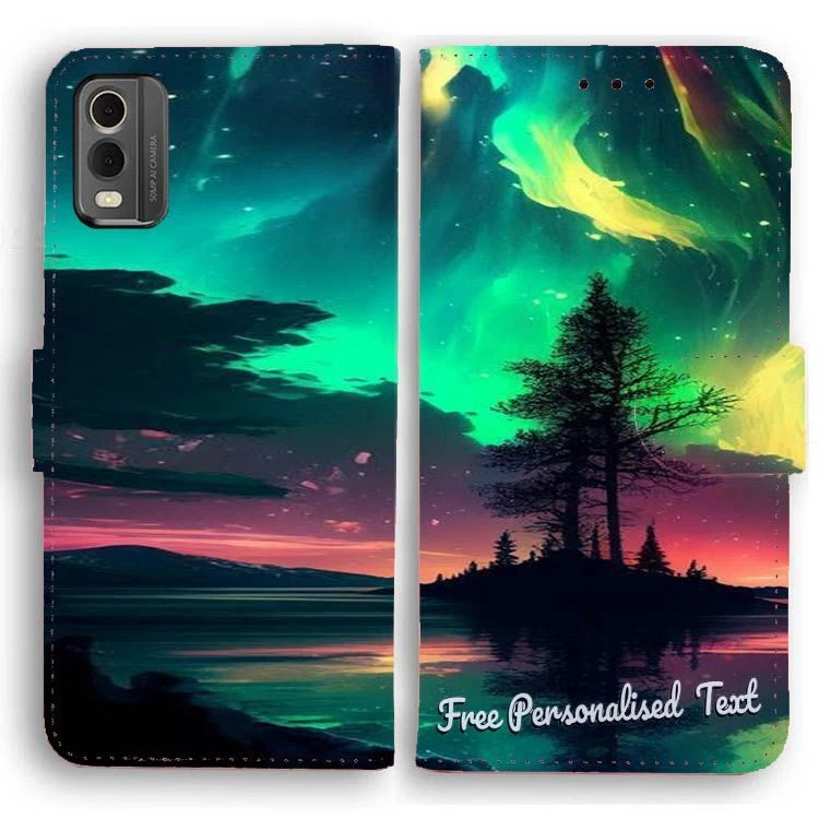 Personalised Text Wallet Phone Cover For Nokia Series - Aurora Northern Lights - Image 1 of 1