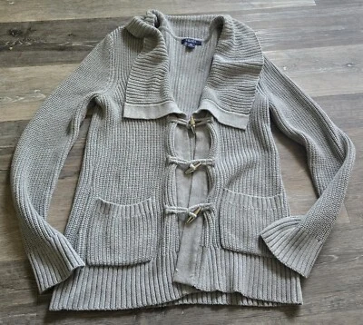 Cárdigan suéter para mujer Chaps gris algodón con palanca frontal talla mediana Foto 1 de 4