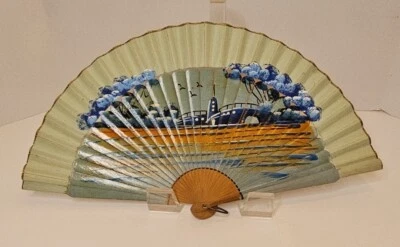 Abanico japonés vintage pintado a mano bambú, papel japonés washi asiático 16 x 8,5 Foto 1 de 4