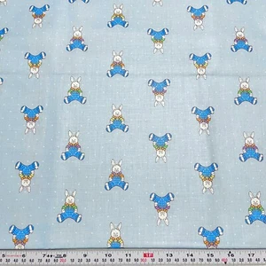 Vintage Cranston Bunny & Pin Dot on Blue Cotton Fabric by the HALF YARD - Picture 1 of 2