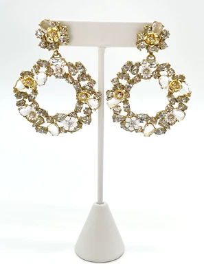 J Crew Earrings Gold Tone Crystal Floral Hoop Flower Drop Statement NWT - Image 1 of 4