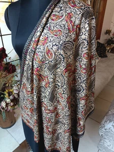 FANCY KASHMIRI BLACK CREWEL ALL Zari EMBROIDERED FLORAL SILK wool PASHMINA STOLE - Picture 1 of 8