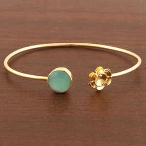 Checker Cut Green Chalcedony Gold Plated Adjustable Bangle Bracelet For Women - Picture 1 of 3