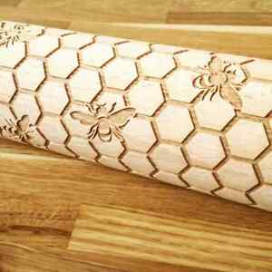 Engraved HONEYCOMB & BEES rolling pin wooden laser cut pattern unique design