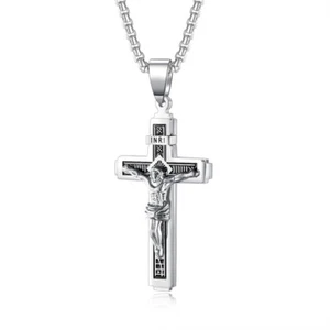 Stainless Steel Jesus Christ Cross Crucifix Pendant Necklace 22" Chain 3 Colors - Picture 1 of 7