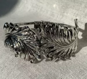 Vintage Silberfarben Blatt Feder Klammer Armband Manschette Grob - Bild 1 von 6