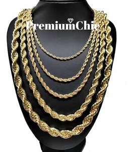 Rope Chain Necklace 3mm to 10mm 16" to 30" 14K Gold Plated Mens Jewelry - Picture 1 of 13