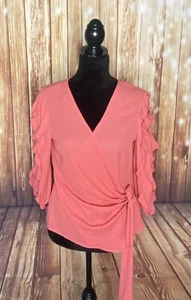 New York & Company Women’s Ruffles 3/4 Sleeves Wrapped Blouse Coral Size Small - Picture 1 of 12