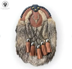 Scottish 5 Tassels Fox Kilt Sporran Full Dress Brown Leather Stag Head Badge - Picture 1 of 4