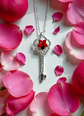 Rose Red Key Pendant Swarovski Elements Crystal Necklace 18K Gold Plated - Image 1 of 4