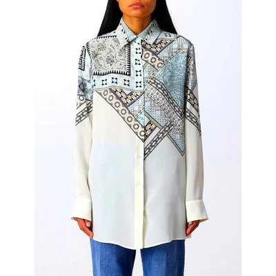 Blusa ETRO Pastel Azul Crema Estampado Multi Geométrico Cuello Botón Seda 46/L Foto 1 de 4