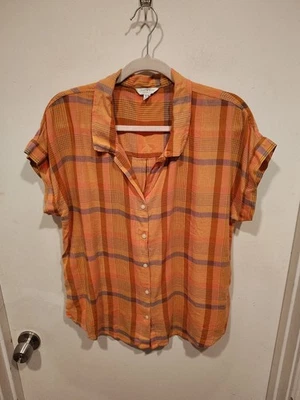 Lucky Brand Women's Orange Plaid Lightweight Button Up Shirt Sz M Casual Boho - Image 1 of 4