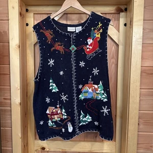 Vintage lustige Weihnachtspullover Weste weiß Hirsch Übergröße 16 W Weihnachtsmann Schlitten Dorf - Bild 1 von 10