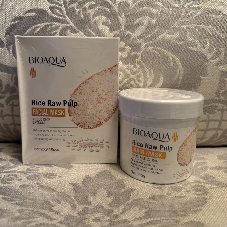 Juego de 2 Mascarillas Faciales de Pulpa Cruda de Arroz BIOAQUA y Mascarilla Hidratante para Cabello  Foto 1 de 4