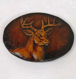 Vintage 1983 Kat Kuszak Deer Buck Leather Tooled Belt Buckle - Picture 1 of 4