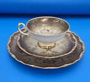Vintage Bavaria Germany 3 Stück Teetasse Untertasse Dessertteller Rauchbraun Goldrand - Bild 1 von 16