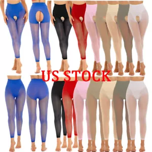 US Women Sheer Mesh High Waist Crotchless Legging Yoga Workout Party Club Pants - Picture 1 of 199