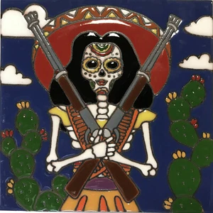 6x6 Gewehr Dame. Tag der Toten Dia De Los Muertos Tonfliese Skelett - Bild 1 von 1