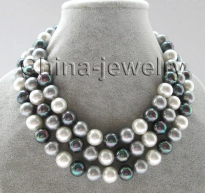 J5031 - 50" 12mm Natural Blanco Negro Gris Perfecto Redondo Concha de Mar Collar Perla Foto 1 de 4