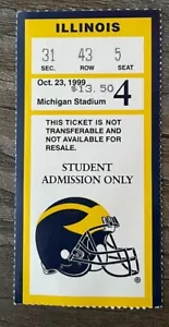 1999 Tom Brady Michigan vs Illinois Ticket Stub Student Section Game 4 23.10.99 - Bild 1 von 2