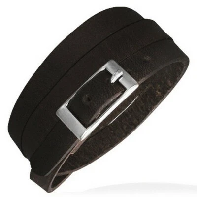Pulsera de cuero marrón tono plateado hebilla de cinturón envolvente multicapa Foto 1 de 2