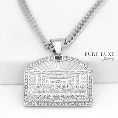 Cadena Cubana Hombre 20" Acero Inoxidable Plata.Última Cena de Jesús.Colgante Circonita,Caja Foto 1 de 3