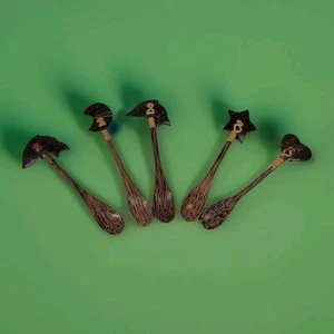 Tiki Carved Wood Coconut Serving Spoons Set of 5 Relish Condiment Island Kitchen - Picture 1 of 7