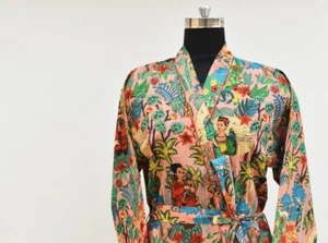 100% Cotton Peach Frida Kahlo Kimono Indian Bridal Bath Robes Night Maxi Gown US - Picture 1 of 3