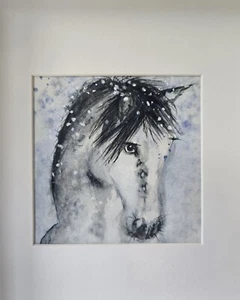 Original Watercolour Painting Grey White Pony Horse Head Snow Box-Frame - Picture 1 of 8