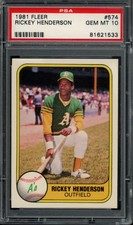 1981 Fleer #574 Rickey Henderson PSA 10 Oakland Athletics HOF Baseball Card