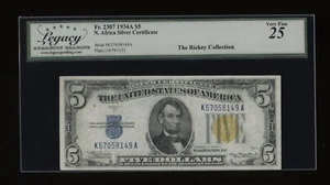 DBR 1934-A $5 North Africa Silver Fr. 2307 Legacy 25 Serial K57058149A - Picture 1 of 2
