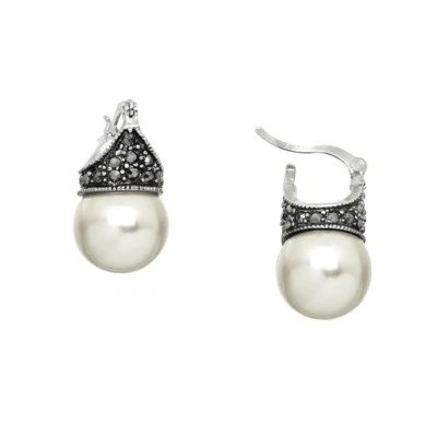 Vintage Glass Pearl Drop Earrings with Hematite Crystal, Rhodium Plated - Image 1 of 2