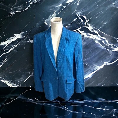 Blazer Alfani Mujer Azul Brillante 100% Lino 2 Botones Talla 14 Chaqueta de Carrera Cambray Foto 1 de 4
