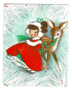 Cute Little Miss Christmas Girl & Deer Vintage Christmas Greeting Card! Unused. - Picture 1 of 3