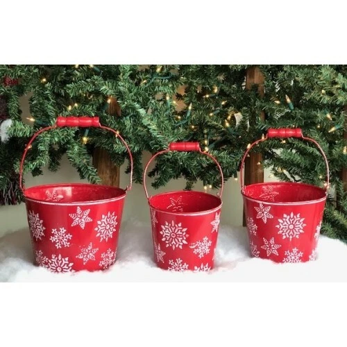 New Farmhouse Christmas 3 RED WHITE SNOWFLAKE BUCKET Metal Basket Pail Pots - Image 1 of 1