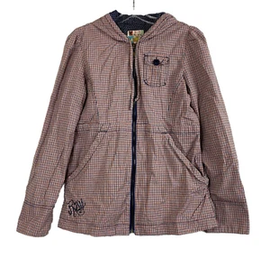 Roxy Hooded Jacket Juniors Size XL Plaid Full Zip Navy Blue Red Cinchable Tie - Picture 1 of 15