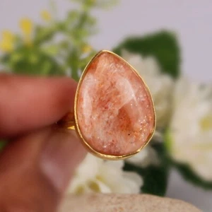 Natural Sun Stone In Gold Plated Statement Ring Gift Jewelry For Girl's & Women - Picture 1 of 12